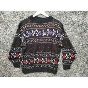 Vintage American Pride Sweater‎ Men Medium Black Floral Fair Isle 80s 90s